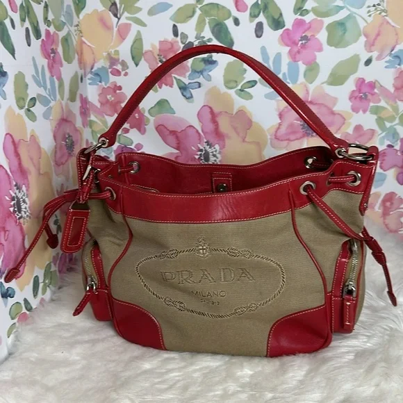 💯Authentic PRADA Jacquard Logo Hobo Corda Rosso🍀
